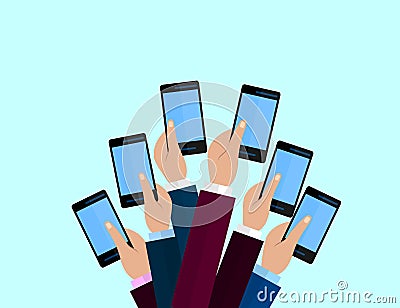 Set of smartphones. Journalism concept, Mass Media, TV, Interview, Breaking News, press conference concept. smartphones. in report Vector Illustration