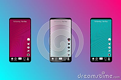 Set of smartphones in popular social media colors. Mobile app screen template. Set of icons for social networking and blogging Vector Illustration