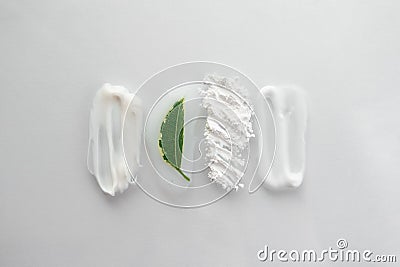 Set of smear beauty cosmetic product and fresh green leaf. Moisturizer, translucent loose powder, soap, facial mask and cleanser Stock Photo