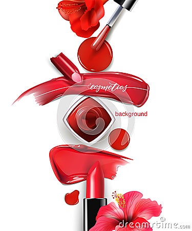 A set of smears of red and Burgundy lipstick.Beauty and cosmetics background. Use for advertising flyer, banner, leaflet Vector Illustration