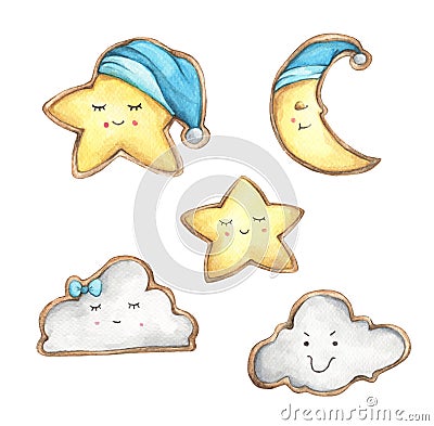 Set of Smile face cookies in the shape of star, crescent and cloud. Cartoon Illustration