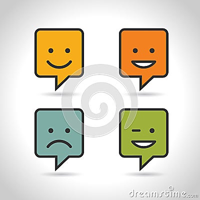 Set Smile Icon. Circle and square buttons. Happy face chat speech bubble symbol Vector Illustration