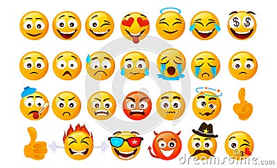 Set of smiley emoticons. Vector faces with different emotions isolated on white background. Vector smileys face Vector Illustration