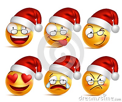 Set of Smiley face of santa claus yellow emoticons with facial expressions and christmas hat Vector Illustration