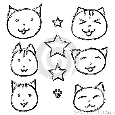 Set of smiling cats on white background. Vector Illustration