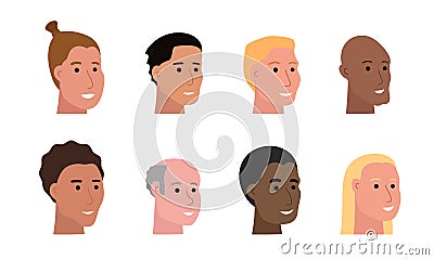 Set of smiling faces of man of various ethnicity and with different skin tone and haircuts Vector Illustration