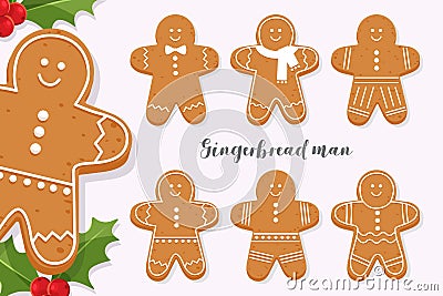Set of smiling gingerbread man. Holiday sweet cookie isolated on light background. Symbol of Merry Christmas and Happy New Year. Vector Illustration