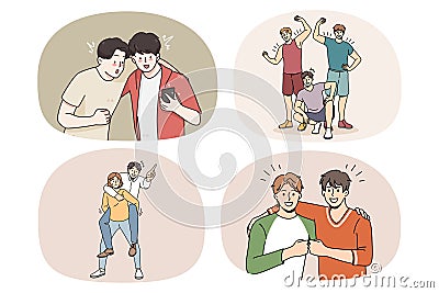 Set of happy guys friends show unity Vector Illustration