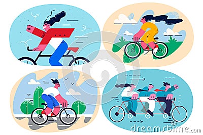 Set of smiling person do sports ride bicycle outside Vector Illustration