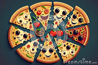 Set of smiling pizza slices with different toppings. Cartoon illustration. Generative ai Cartoon Illustration