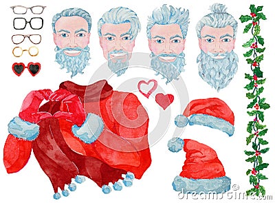 Set with smiling Santa Claus hipster showing heart symbol isolated on white. Create your cool Santa constructor. Old stylish new Cartoon Illustration