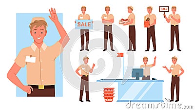Set of smiling seller guy in diverse store working poses Vector Illustration