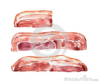 Set of smoked bacon, ham, pork for breakfast, delicious food, menu design, watercolor Cartoon Illustration