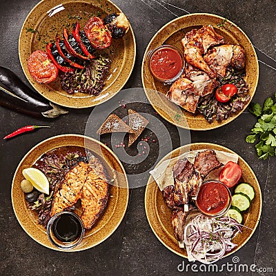 Set of Smoked Grilled BBQ Meat, Fish and Vegetables Top View Stock Photo