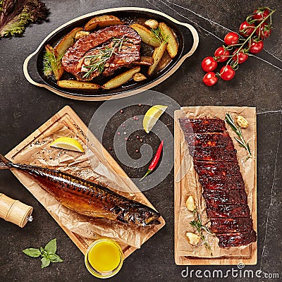 Set of Smoked and Grilled Food Stock Photo