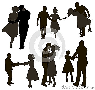 Set of Different Dancing People Silhouettes. Dance Couples in Different Poses. Vector Illustration