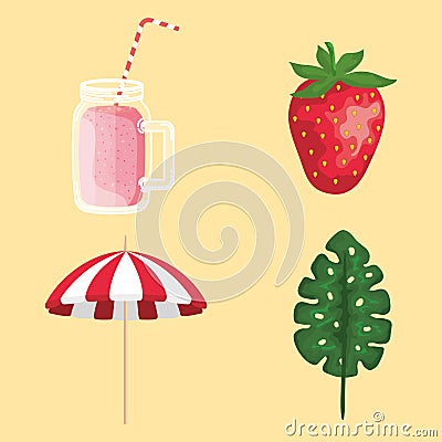 set of smoothie bbeverage with strawberry fruit and umbrella with leaf Cartoon Illustration