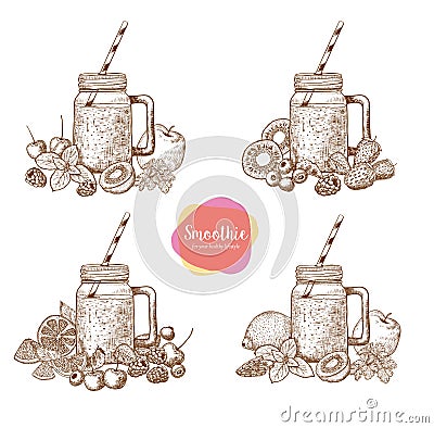 Set of smoothies. Detox water and drinks. Vector Illustration