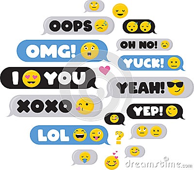 Set of SMS bubbles messages with dialog words and emoji-Vector Vector Illustration