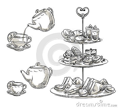 Set of snacks on a tray. Teatime. Vector sketch. Vector Illustration