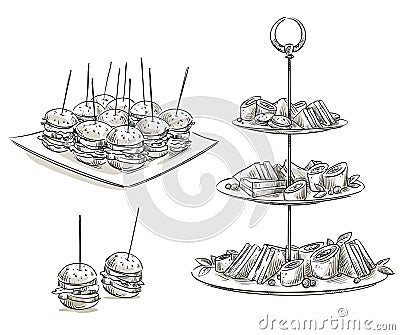 Set of snacks on a tray. Vector sketch. Vector Illustration