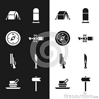 Set Sniper optical sight, Compass, Tourist tent, Bullet, Shotgun, Hunter knife, Road traffic sign and hat with feather Vector Illustration