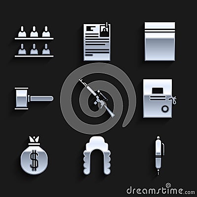 Set Sniper rifle with scope, Judge wig, Pen, Lawsuit paper, Money bag, gavel, Plastic ziplock and Jurors icon. Vector Vector Illustration