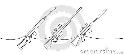 Set of sniper rifles one line continuous drawing. Various modern weapons continuous one line illustration. Vector linear Vector Illustration