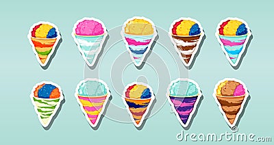 Set of snow cones shaved ice with different flavors. cartoon icon design template with various models. vector illustration Vector Illustration