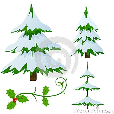 Set of snow covered fir christmas trees Vector Illustration