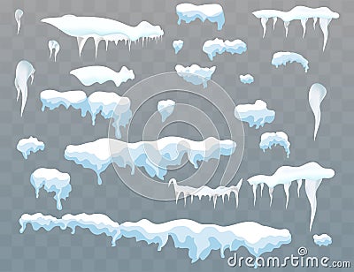 Set of snow icicles, snow cap isolated. Snowy elements. on winter background. Vector template in cartoon style Vector Illustration