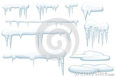 Set of snow icicles and snow caps winter elements flat vector illustration isolated on white background Cartoon Illustration