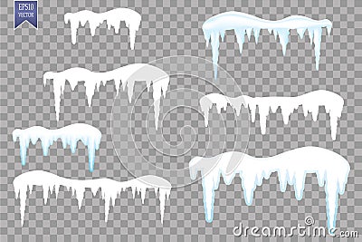 Set of snow icicles, snow cap isolated on transparent background. Snowy elements on winter background. Vector template Vector Illustration