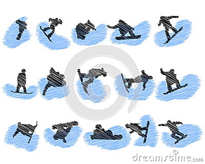 Set of snowboard athlete grunge silhouettes Vector Illustration