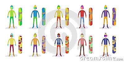 Set of snowboarder with snowboard Vector Illustration