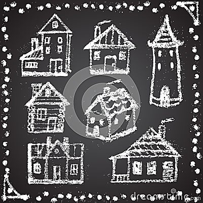 Set of snowbound chalk painted houses with Vector Illustration