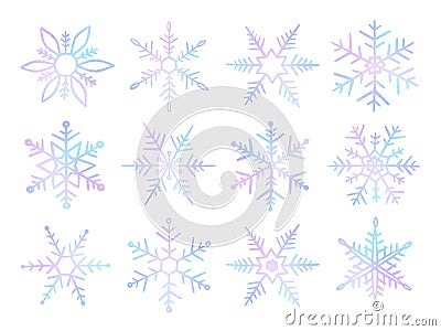 Set snowflakes hand drawn. Cute neon snow isolated on white background. Collection drawing ice crystal for design winter print Vector Illustration
