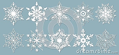 Set of snowflakes. Laser cut pattern for christmas paper cards, design elements, scrapbooking. Vector illustration Vector Illustration