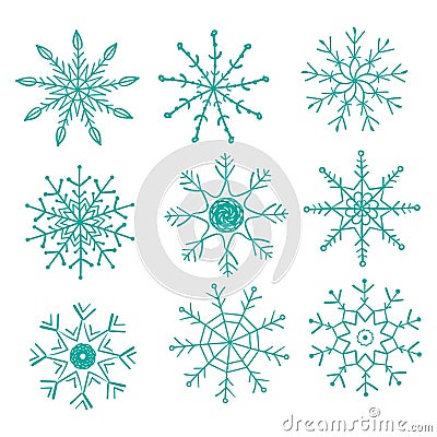 Set of 9 snowflakes, separate elements isolated on white background Vector Illustration