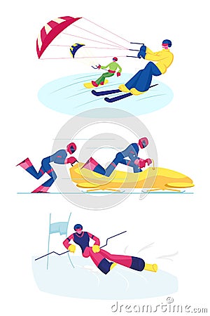 Set of Snowkiting, Bobsleigh and Ski Slalom Kinds of Sport. Sportsmen Riding Skis and Snowboard with Kite Vector Illustration