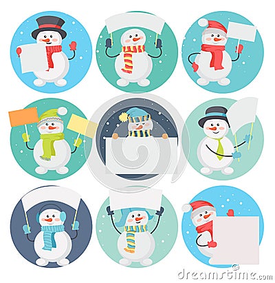 Set of Snowman Cartoons with Blank Message Board Vector Illustration