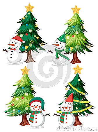 Set of snowman under Christmas tree isolated Vector Illustration