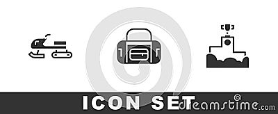 Set Snowmobile, Sport bag and Award winner podium icon. Vector Vector Illustration