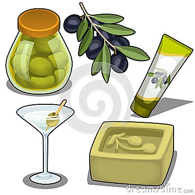 Set of soap, cream, cocktails and marinated olives Vector Illustration