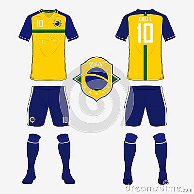 Set of soccer jersey or football kit template for Brazil national football team. Front and back view soccer uniform. Vector Vector Illustration