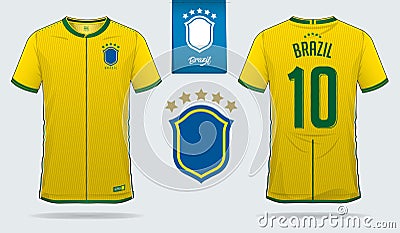 Set of soccer jersey or football kit template design for Brazil national football team. Front and back view soccer uniform. Vector Illustration