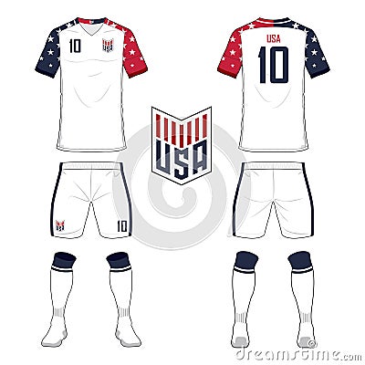 Set of soccer jersey or football kit template for United States of America national football team. Front and back view soccer unif Vector Illustration