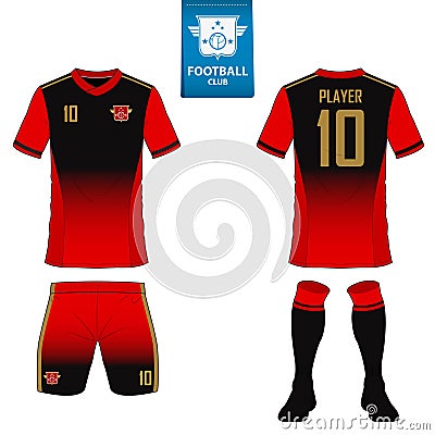 Set of soccer kit or football jersey template for football club. Flat football logo on blue label. Vector Illustration