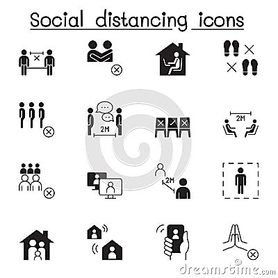 Set of Social distancing Related Vector Icons. Contains such Icons as avoid crowd, work from home, new normal, stay home and more Vector Illustration