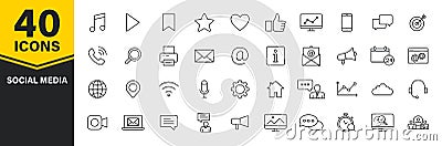 Set of 40 Social Media web icons in line style. Contact, digital, social networks, technology, website. Vector illustration Vector Illustration